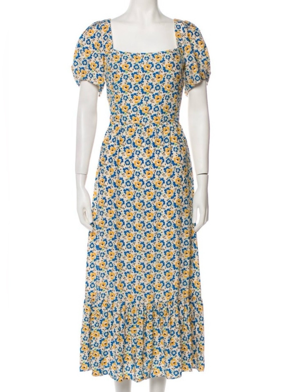 HVN Printed Silk Square-Neck Puff Sleeve Midi Dress in Blue & Yellow Floral 6 S